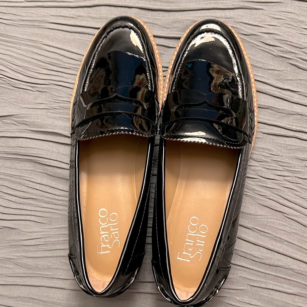 Franco Sarto Black leather shoes loafers  7.5 7 1/2. New